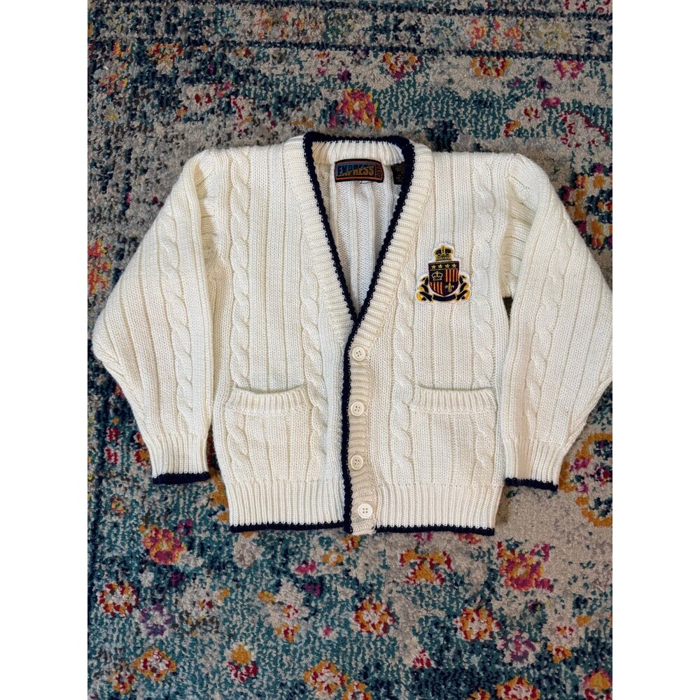 Vintage 90s Express Boys White Cableknit Crest Cardigan Sweater Size M